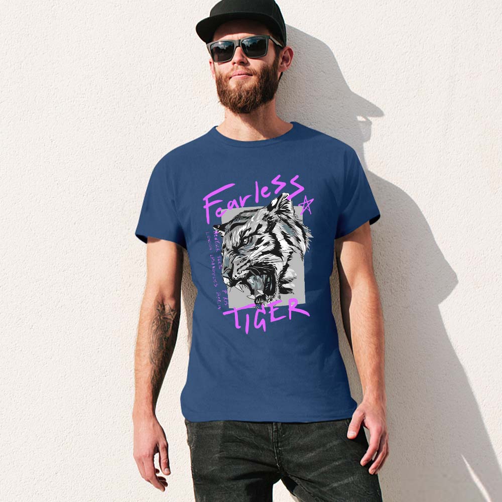 Men's dark blue 100% cotton 'Fearless Tiger' graphic T-shirt, collection. Front view