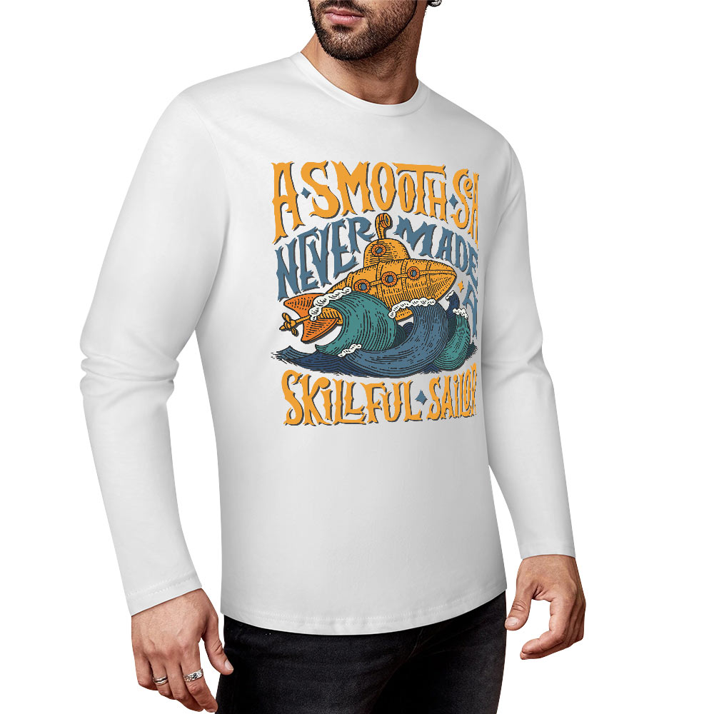White pure cotton long sleeve T-shirt with ASMODUS Shark Attack graphic, perfect for casual wear.
