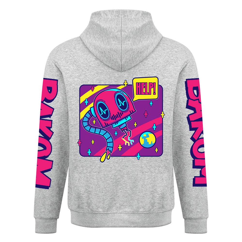 Light grey cotton hoodie with 'FOREVER' donut graphic, DAKUM and CRASH sleeve prints, youth fashion style.