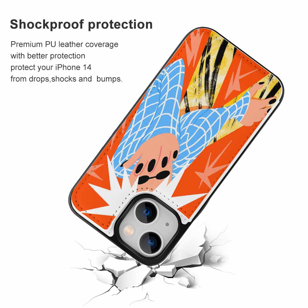 iPhone 14 case with colorful design, card slot, and drop protection