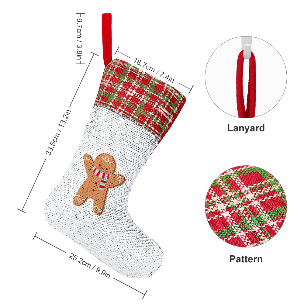 Christmas stocking with gingerbread man and pattern detail, perfect for holiday gifts and decor