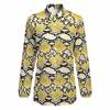 Vintage yellow floral print long sleeve shirt top, V-neck button-up for women.