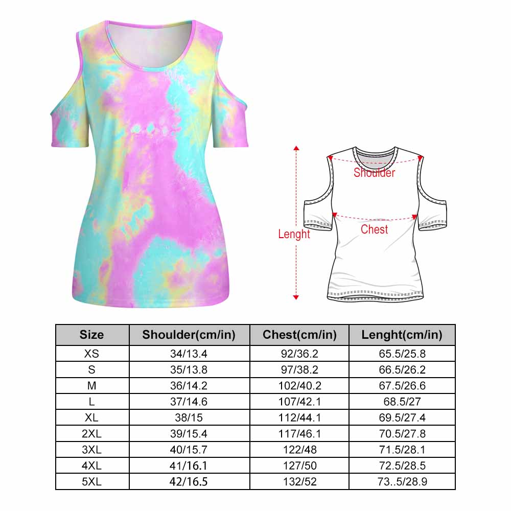 ACT off-shoulder tie-dye top with size chart, showing bust, shoulder, and length measurements.