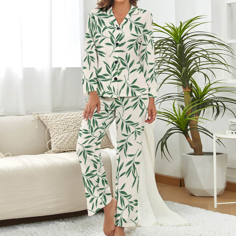 Women's floral print pajama set, V-neck top and trousers, soft polyester, comfortable sleepwear.