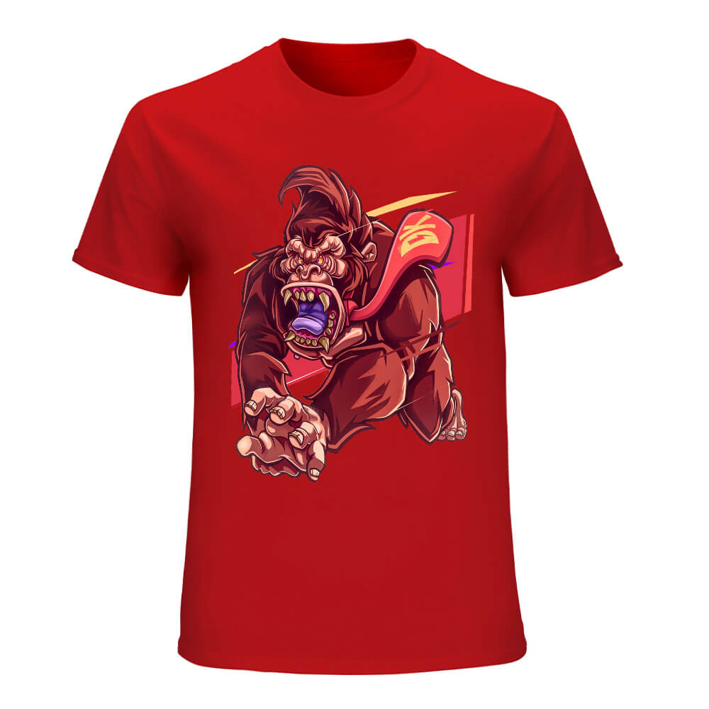 Red cotton men's t-shirt with a red monster graphic print, Inkedjoy design, crew neck, 100% cotton.
