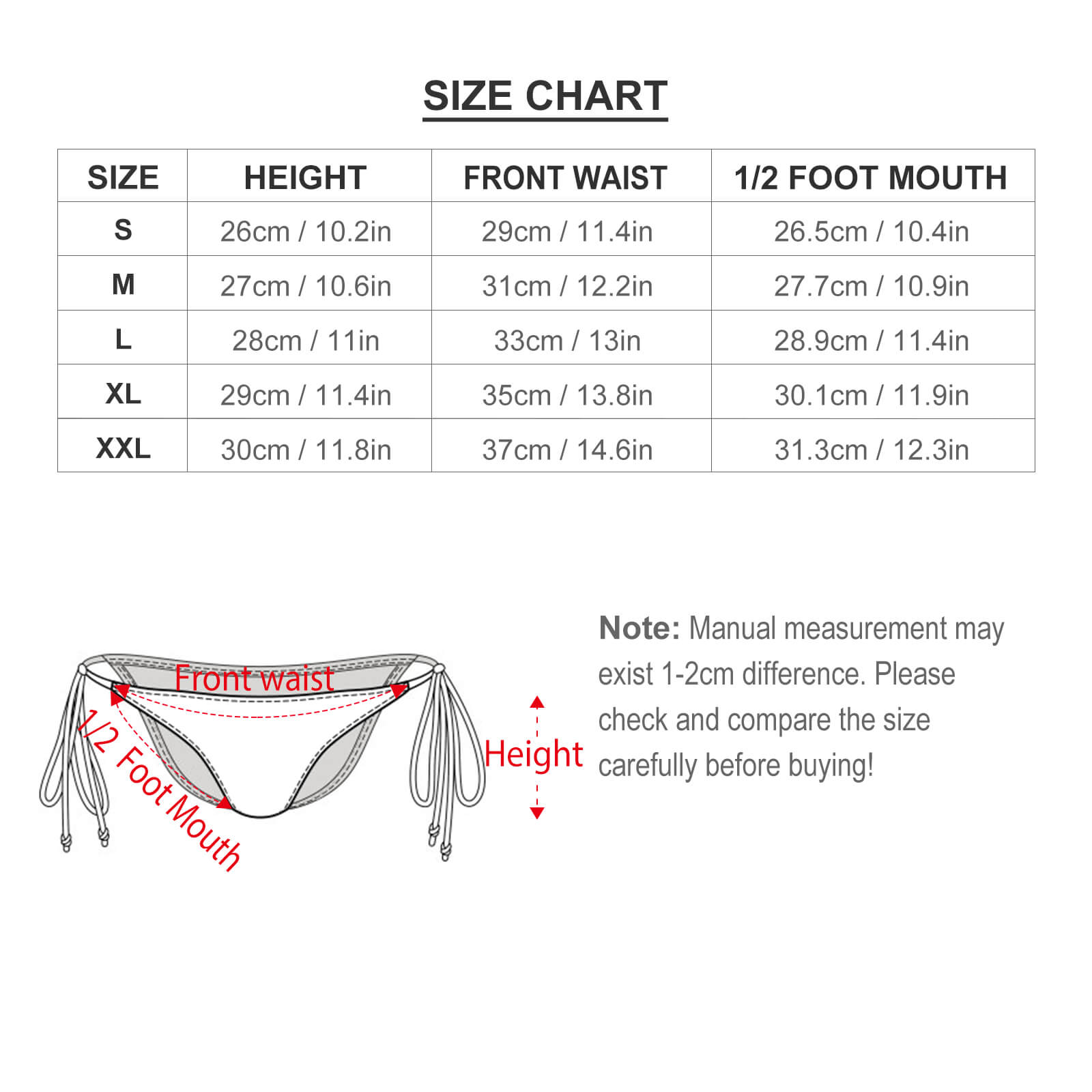 Bikini Briefs Size Chart: measurements for front waist, height, 1/2 foot mouth, perfect fit