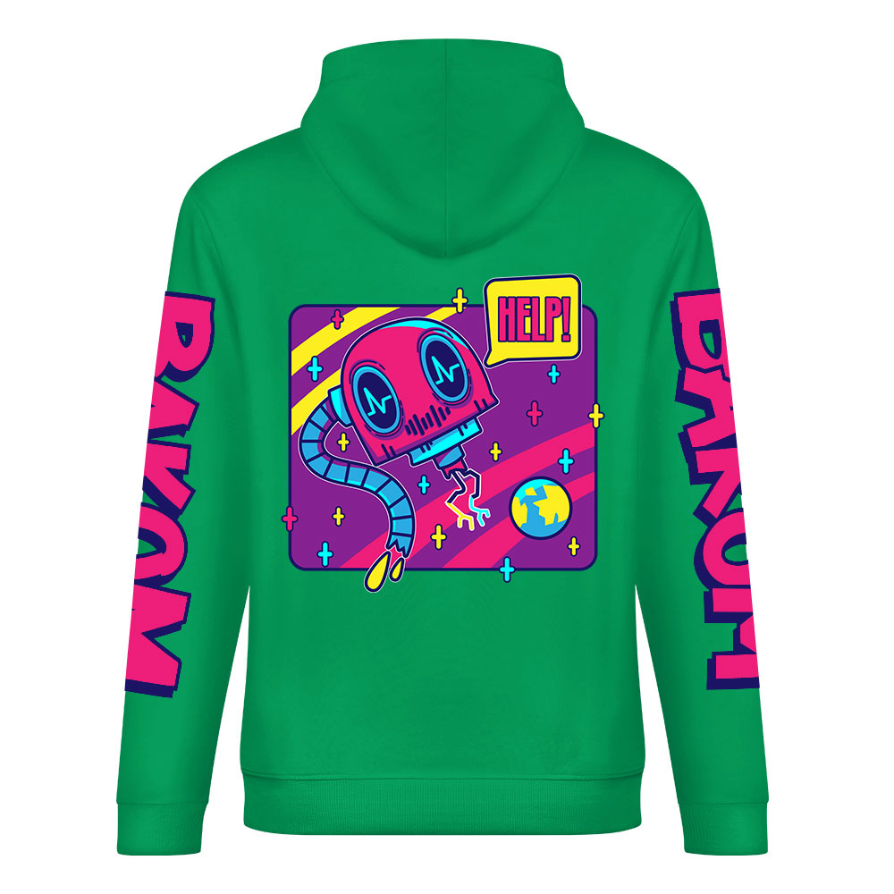 Green cotton hooded sweater with 'FOREVER' design and DAKUM and CRASUM sleeve prints, youth fashion style