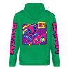 Green cotton hooded sweater with 'FOREVER' design and DAKUM and CRASUM sleeve prints, youth fashion style