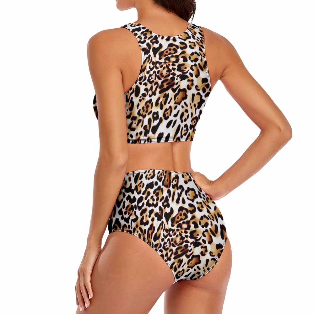 Leopard print split swimsuit with high-waisted bottoms. Stylish swimwear for beach and pool.
