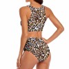 Leopard print split swimsuit with high-waisted bottoms. Stylish swimwear for beach and pool.