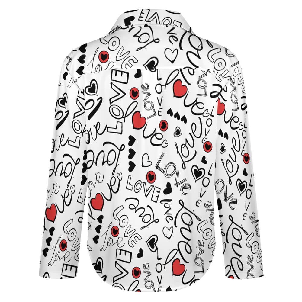 White polyester irregular hem shirt with black lettering and red heart designs, a casual fashion top for women