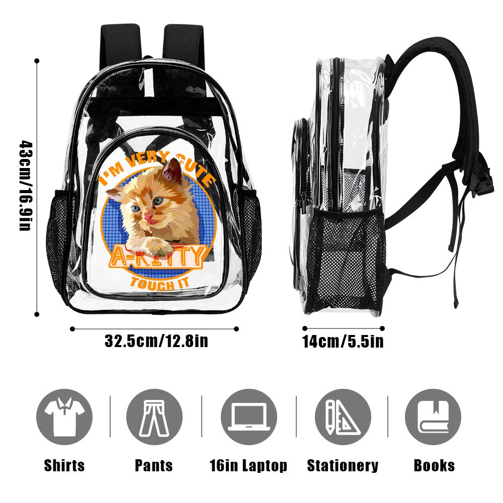 Black body transparent backpack with dimensions, perfect for work and travel, made of durable PVC material.