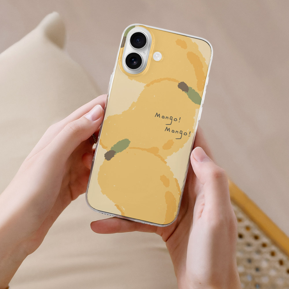 iPhone 16 case with mango design, TPU protective cover, "mango mango" text