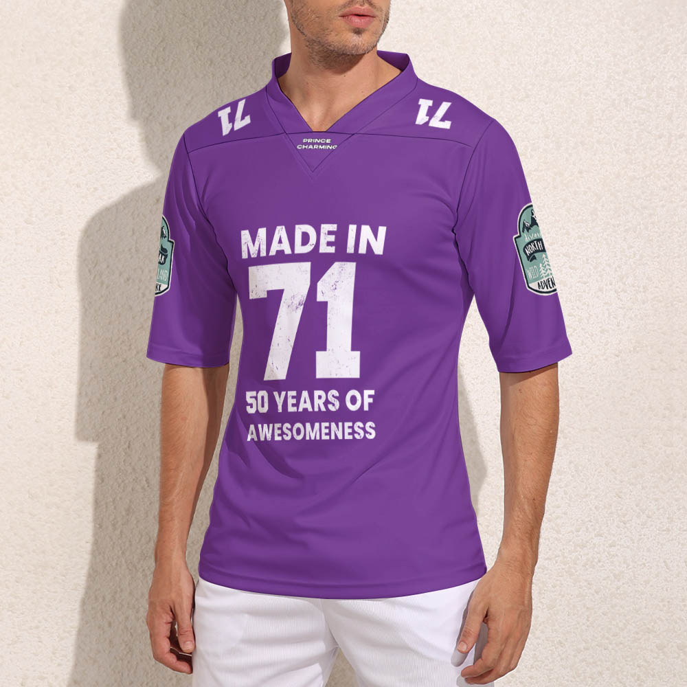 Purple V-neck Jersey with 'MADE IN 71' print, perfect for sports and outdoor activities.