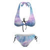 Blue and purple gradient halter bikini swimsuit with adjustable ties, perfect beachwear.