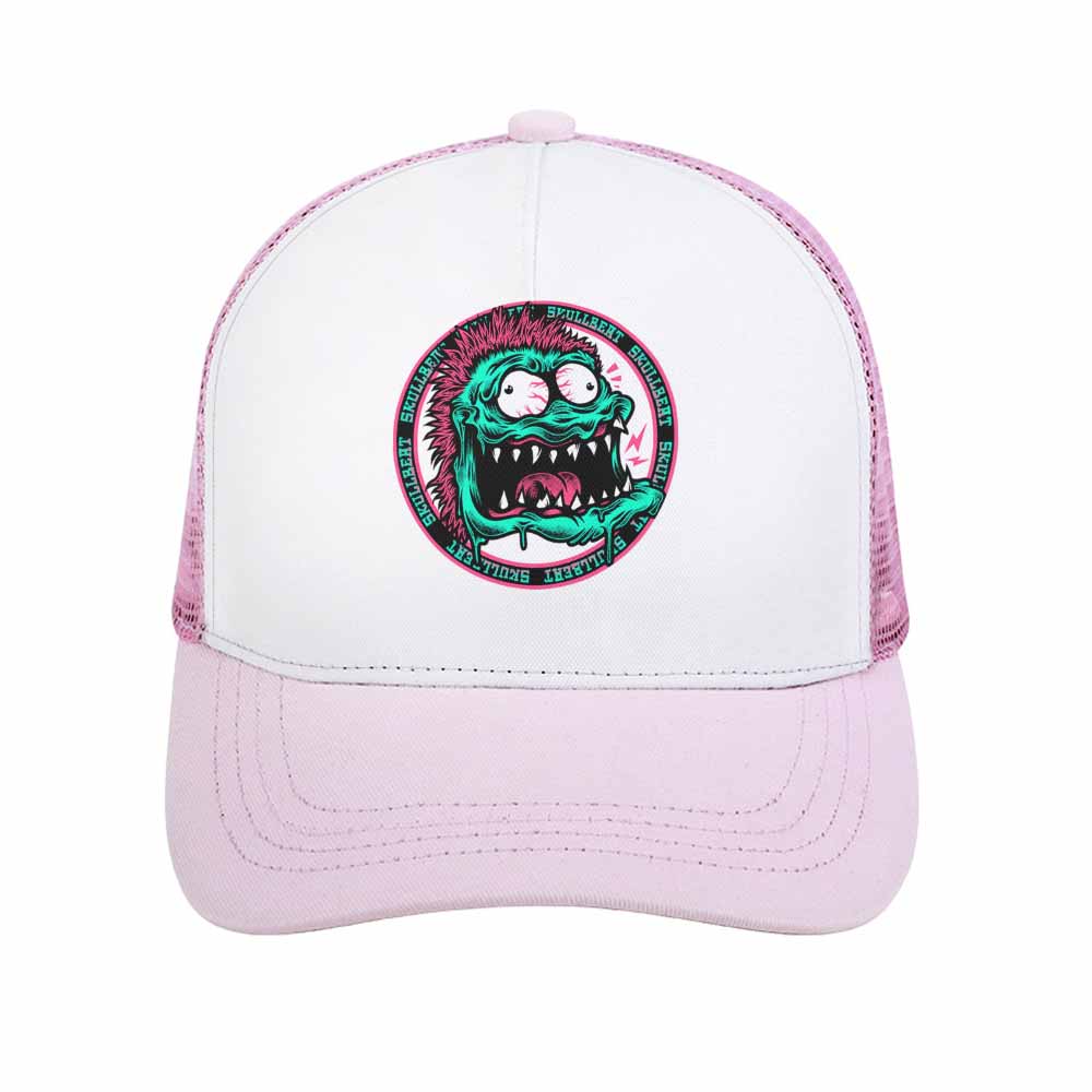 Pink and white baseball cap featuring a green monster design, mesh back, curved brim, and adjustable fit for outdoor wear.