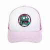 Pink and white baseball cap featuring a green monster design, mesh back, curved brim, and adjustable fit for outdoor wear.