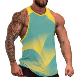 Men's Full Print Vest in vibrant teal and yellow, made with comfortable imitation cotton material