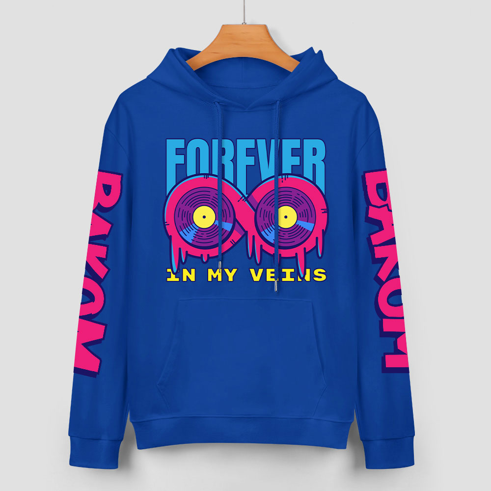 Royal blue cotton hoodie with 'FOREVER' donut graphic and sleeve prints, youth fashion style.