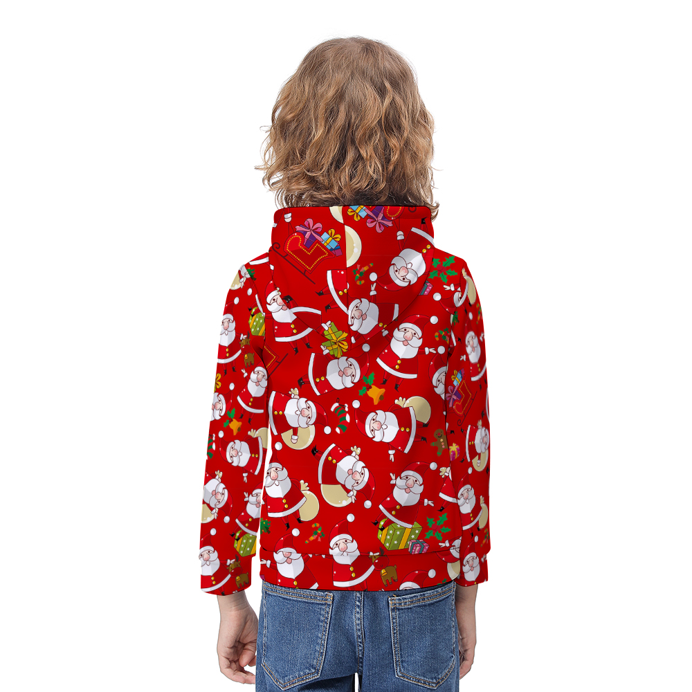 Kids' red Christmas hoodie with festive Santa pattern, kangaroo pocket, and hood; perfect for holiday wear.