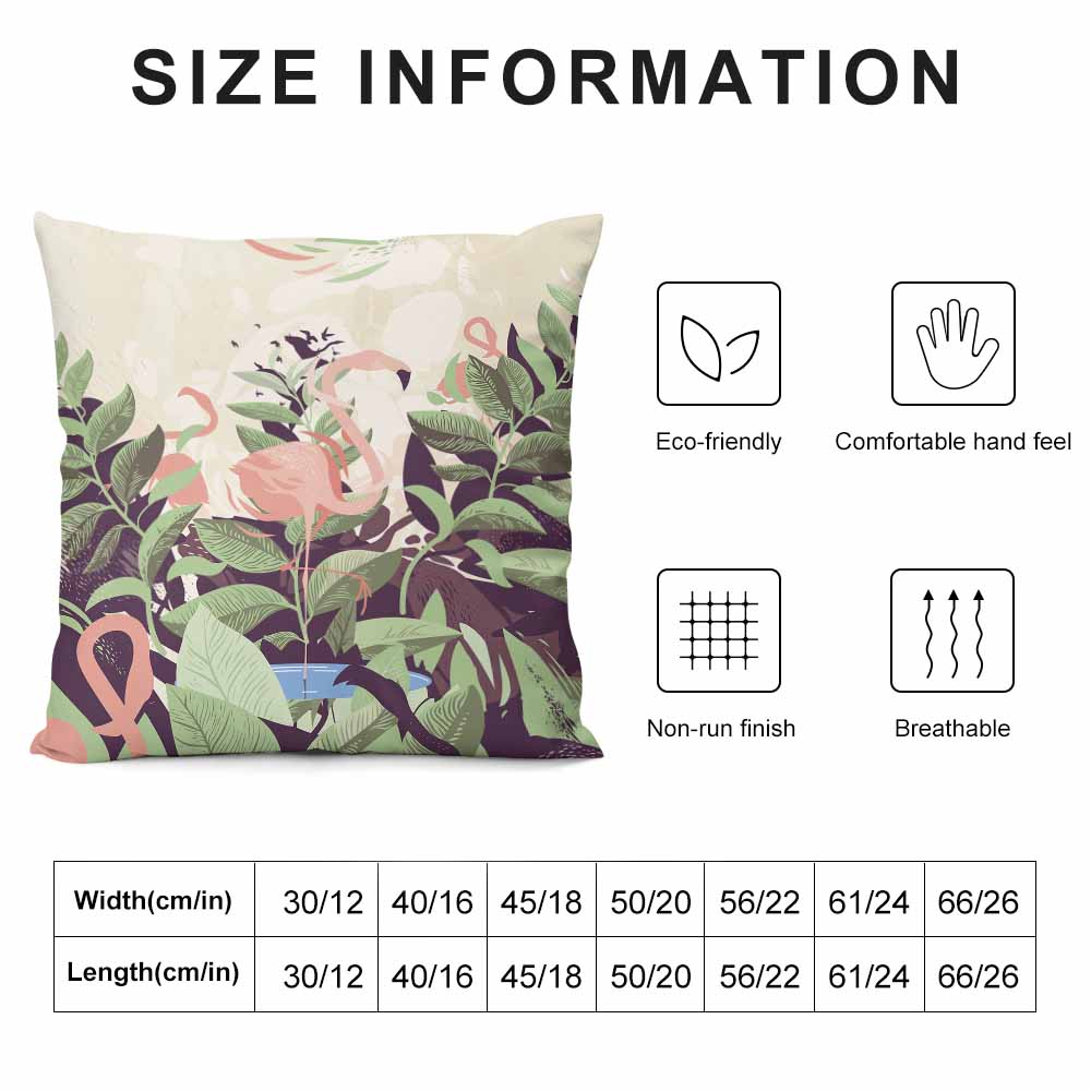 Plush pillowcase size chart with flamingo floral design, soft touch, skin-friendly fabric for bedroom decor.