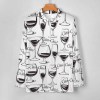 White imitation cotton POLO shirt with black wine glass pattern, suitable for casual wear.