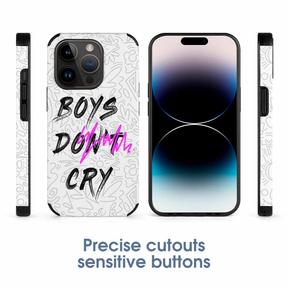 iPhone 14 Pro case with 'Boys Don't Cry' graphic, white fiber, scratch-resistant, Precise cutouts