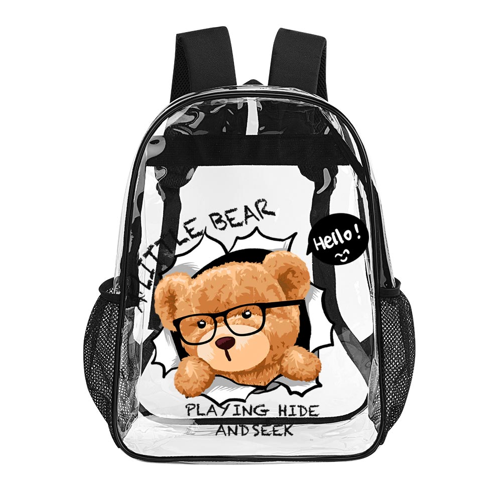 Transparent 17-inch PVC backpack with bear design, ideal for work and travel, featuring the words 'SO REAL'.
