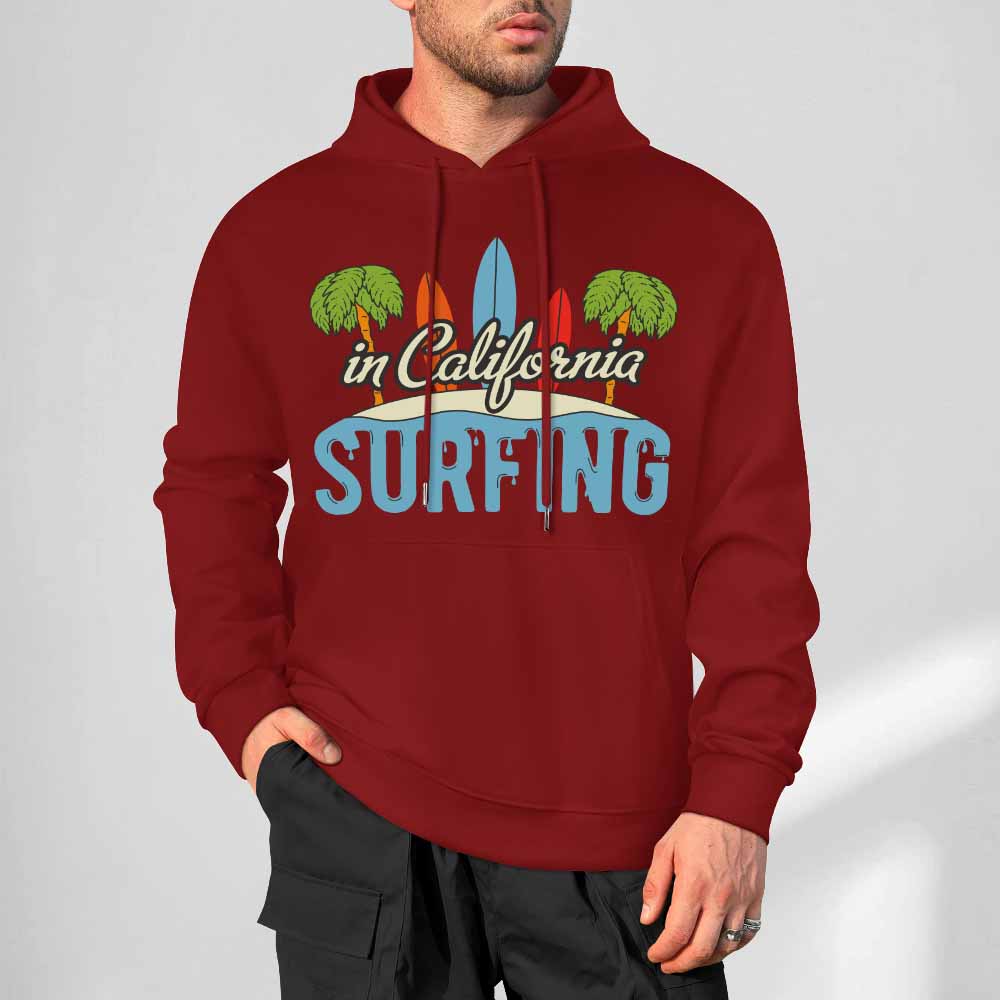 Maroon cotton California Surfing hoodie for daily wear, loose fit, multiple colors available.