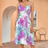 Floral print long suspender dress, adjustable straps, sleeveless, above-the-knee length, perfect for summer.