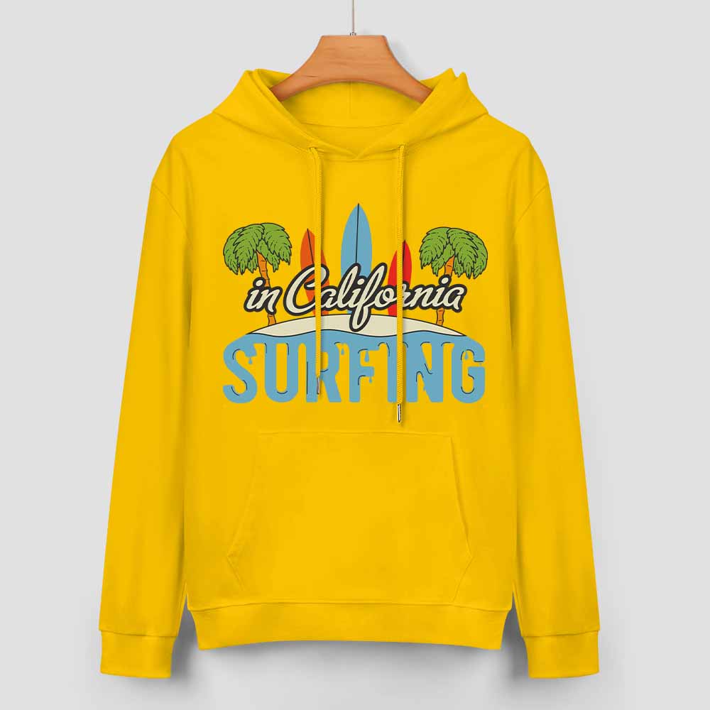 Yellow cotton hoodie with CALIFORNIA SURFING graphic, loose fit, comfortable for daily wear.