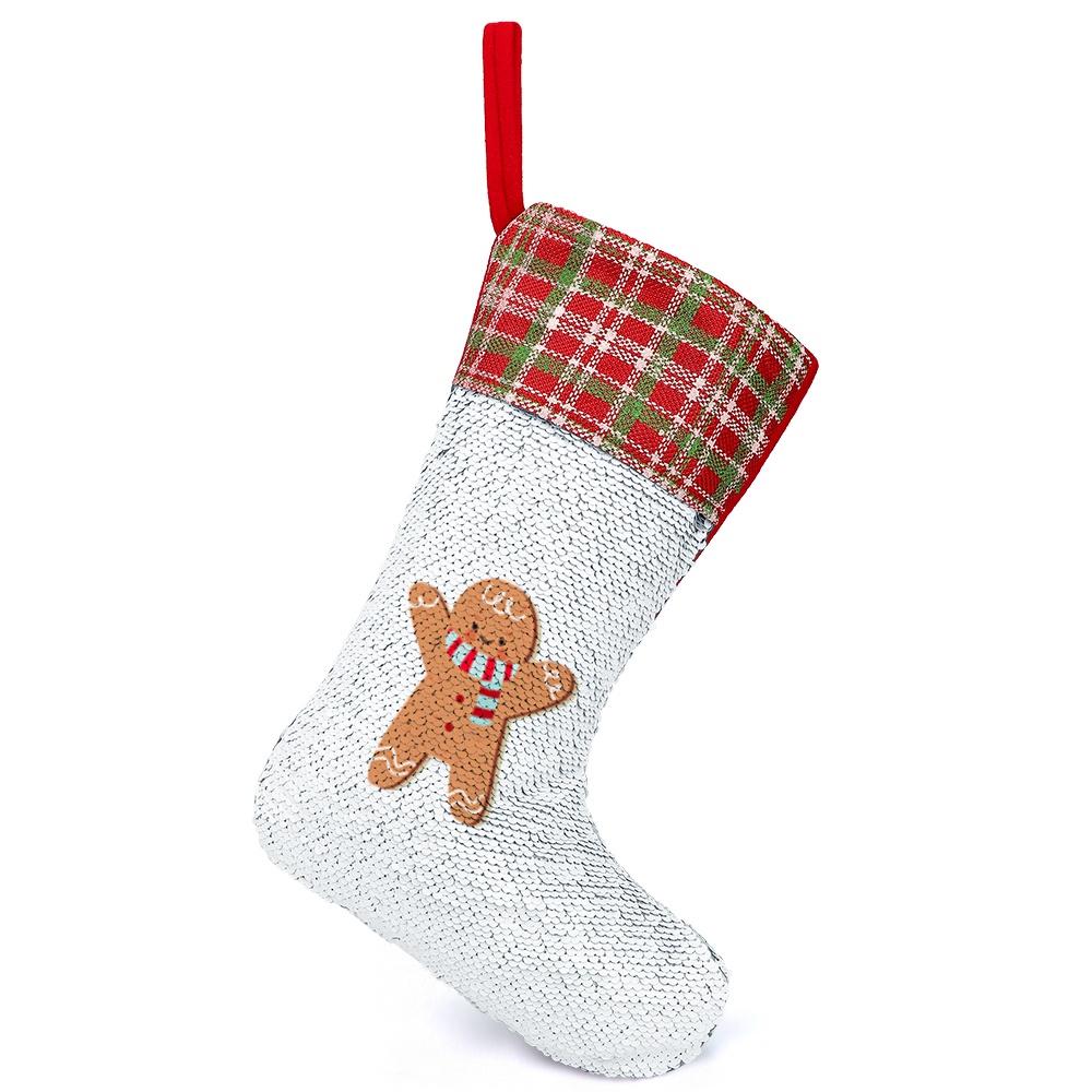 Christmas stocking with gingerbread man, sequin surface, non-woven material, perfect for holiday gifts and decor