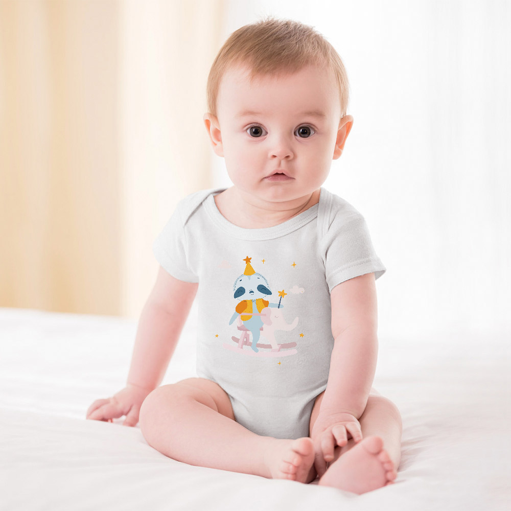 White short-sleeve baby bodysuit with a cartoon design, crafted from soft cotton, perfect for babies aged 3-24 months.