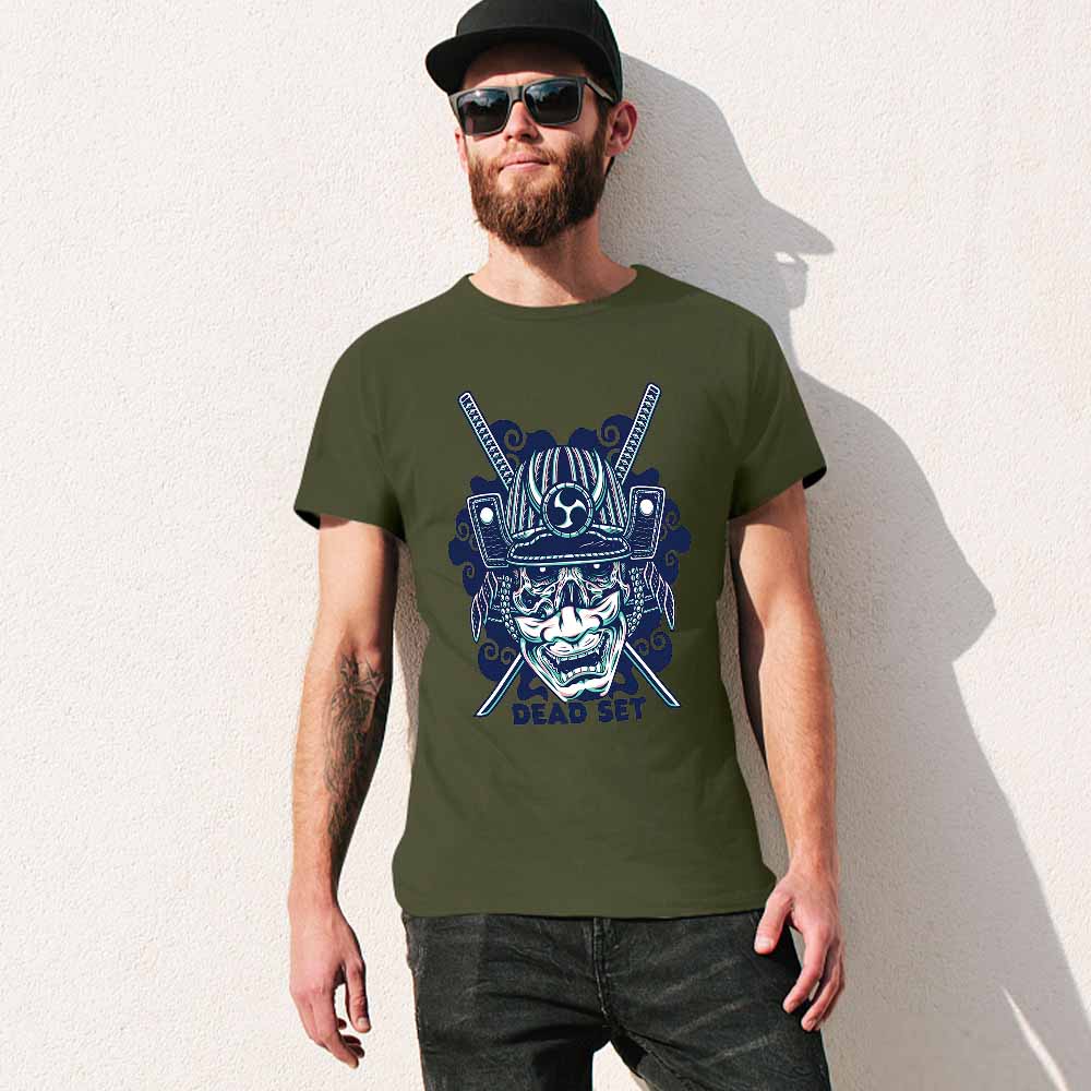 Dark green cotton men's samurai skull T-shirt, ideal for leisure and events
