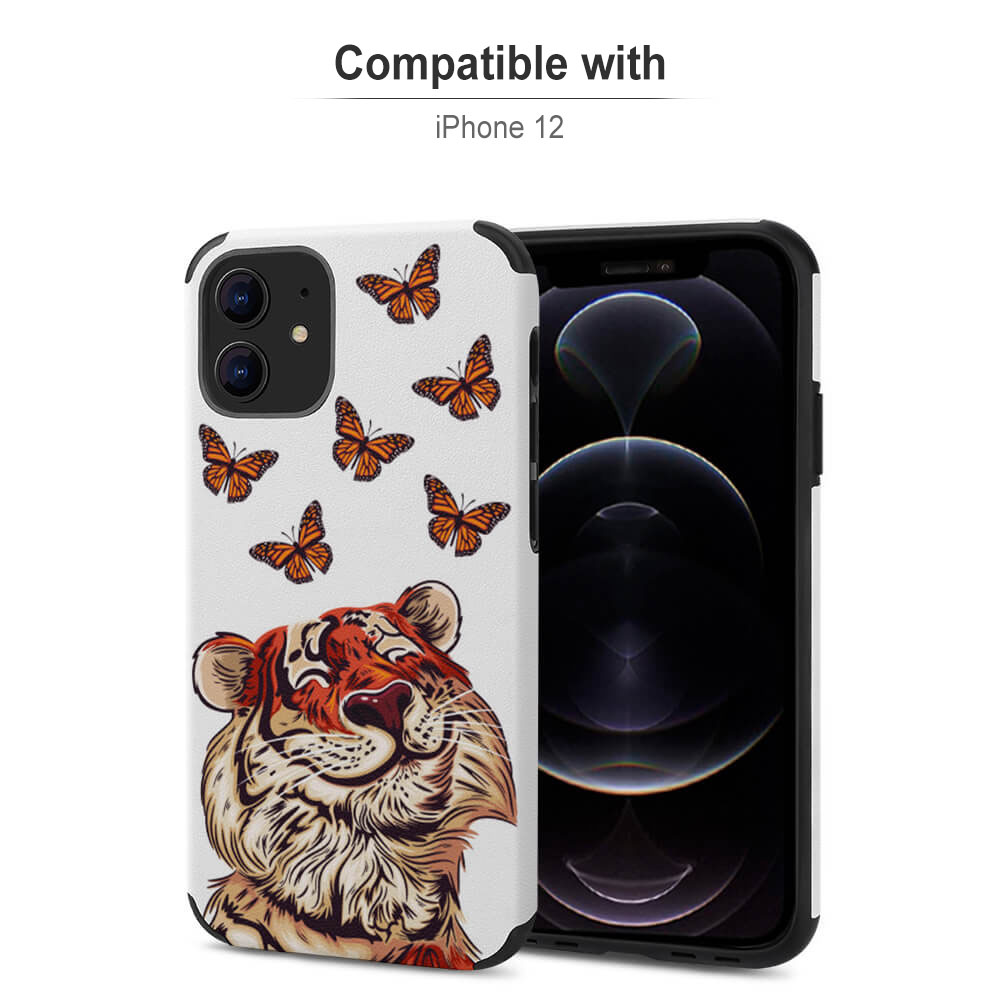 Microfiber iPhone 12 case with bulldog and butterfly design. Compatible with iPhone 12.