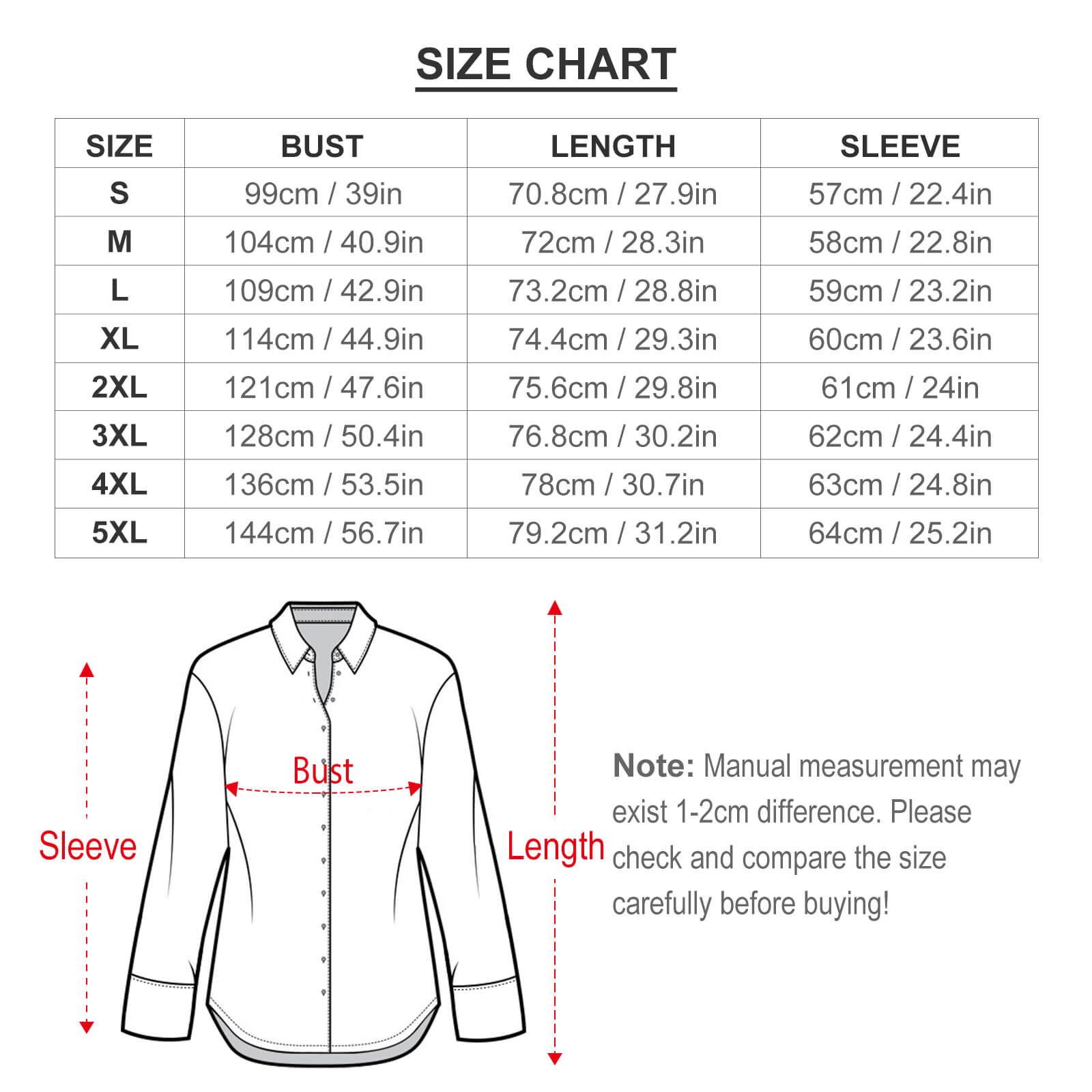 Size chart for women's  floral shirt with bust, length, and sleeve measurements.