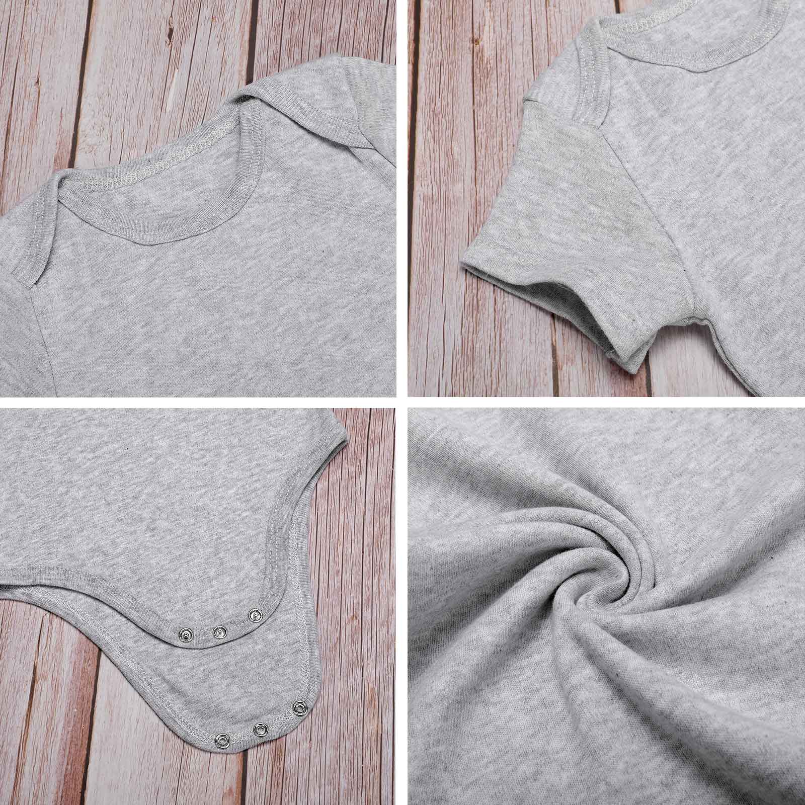 Gray cotton baby bodysuit, soft and skin-friendly, detail shot. Comfortable and perfect for babies aged 3-24 months.