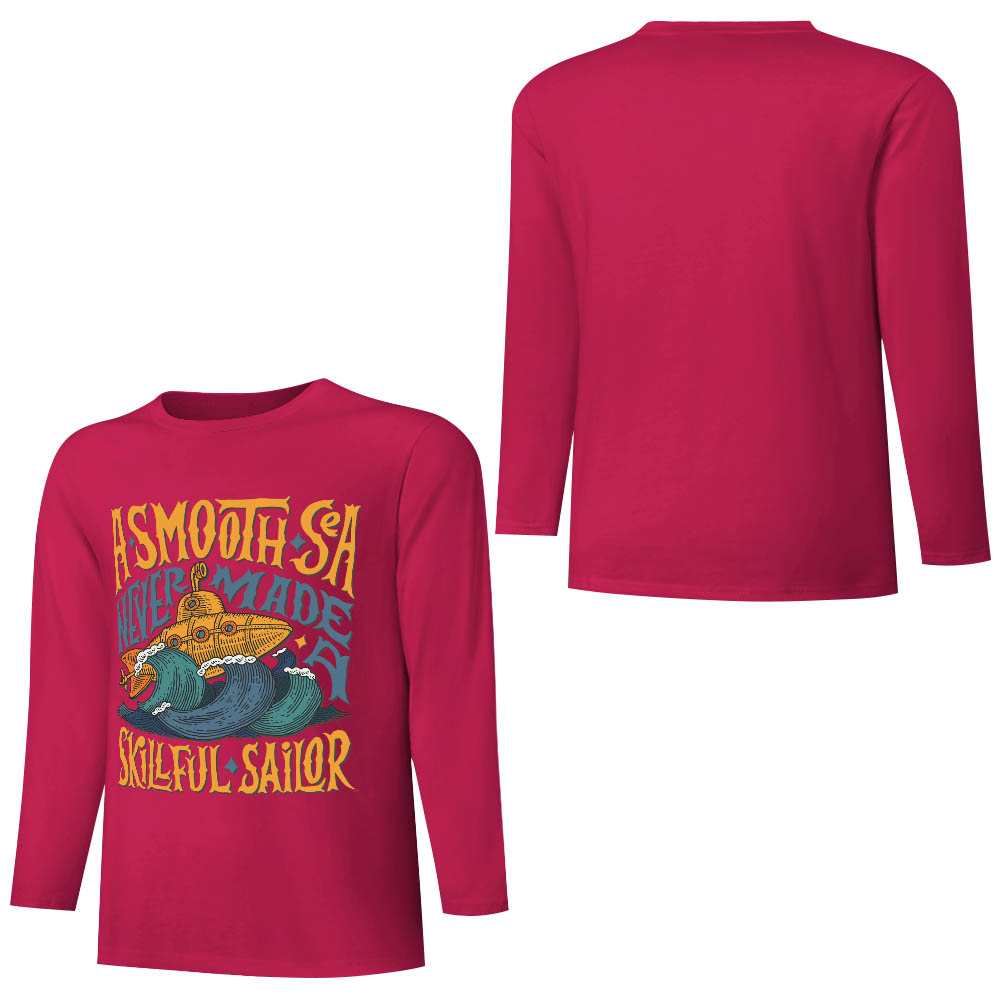 Red pure cotton long sleeve T-shirt featuring 'A SMOOTH SHAKER' graphic, casual wear.