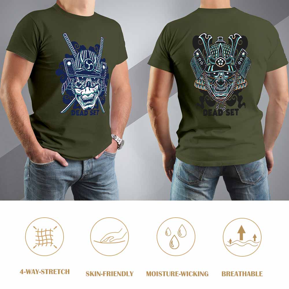 Dark green cotton men's samurai skull T-shirt, front and back view, perfect for leisure and events. 100% cotton.