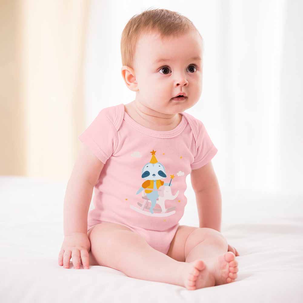 Pink cotton baby bodysuit with unicorn cartoon design, perfect for 3-24 months, soft cotton.