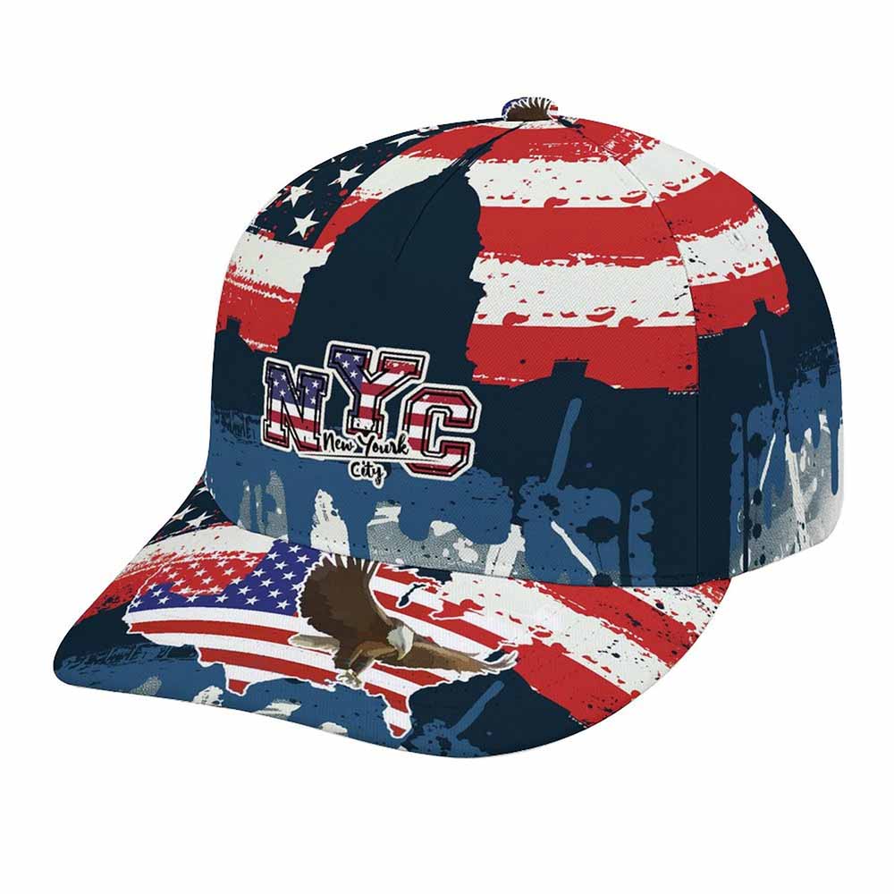 American flag design baseball cap. Polyester fabric, curved brim, suitable for outdoor activities.