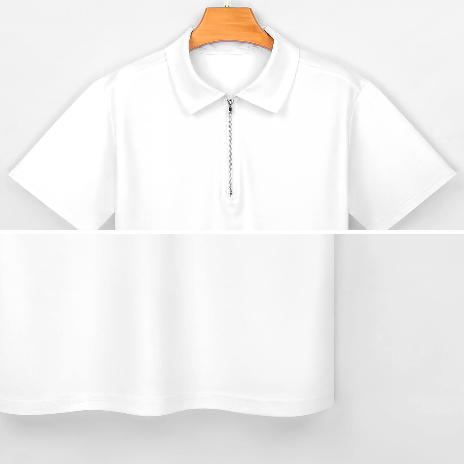White short-sleeve polo shirt with zipper design, made of double-sided cloth, for casual wear.