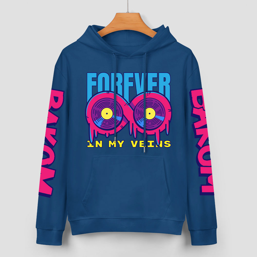 Navy blue cotton hoodie with 'FOREVER' donut graphic, sleeve prints, youth fashion style