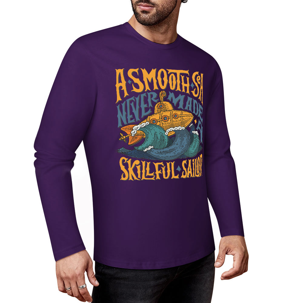Purple cotton long sleeve T-shirt with graphic, casual wear, featuring ASMODUS Shark Attack design