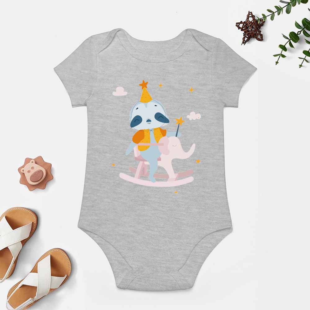 Gray short-sleeve baby bodysuit with rocking horse cartoon design, soft cotton, for 3-24 months babies.