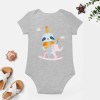 Gray short-sleeve baby bodysuit with rocking horse cartoon design, soft cotton, for 3-24 months babies.
