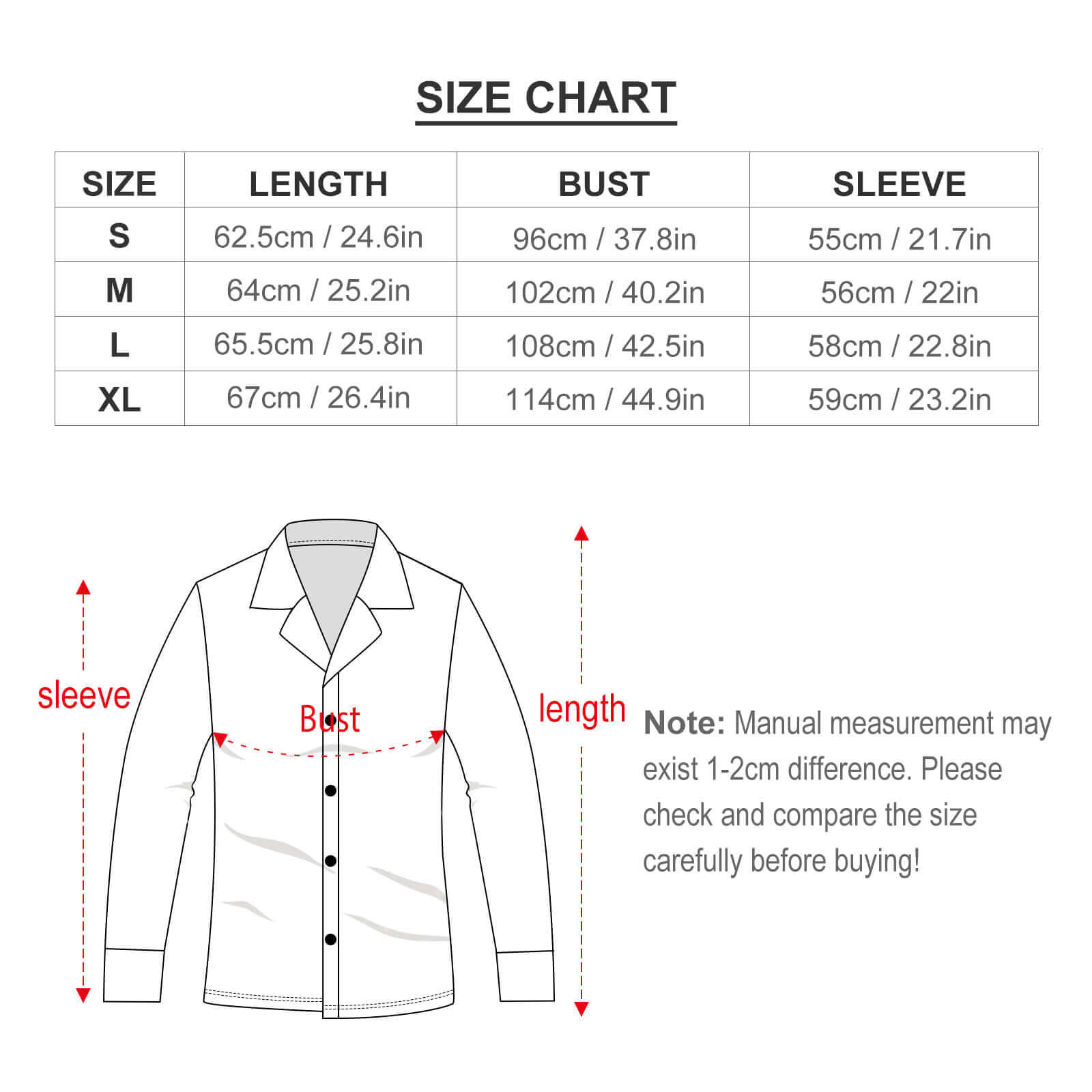 Size Chart for Pajama Set - Measurements in cm and inches