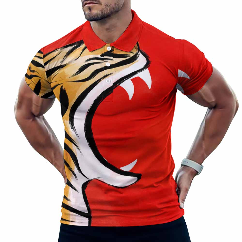 European Sode POLO Straight Shirt with Tiger Print - Red and Yellow