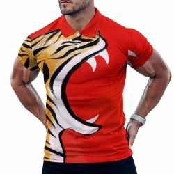 European Sode POLO Straight Shirt with Tiger Print - Red and Yellow