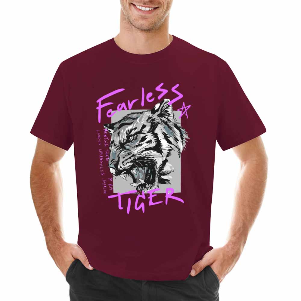 Men's dark red Fearless Tiger graphic T-shirt, 100% cotton, front view.Collection